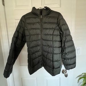 Green puffer coat